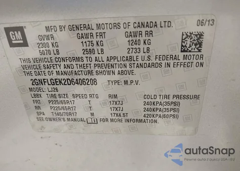 2013 Chevrolet Equinox Ltz z USA, uszkodzony, nr VIN 2GNFLGEK2D6406208
